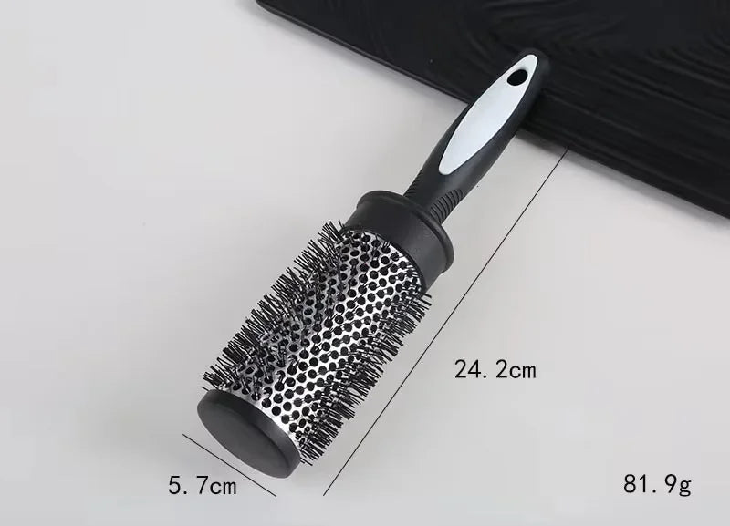 Round Hair Styling Brush – Nylon Bristle Comb with Thermal Aluminum Barrel for Curling, Blow-Drying & Volume, Professional Hairdressing Tool