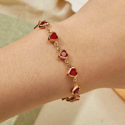 Elegante Pulsera de Zirconia de Cristal Rojo – Pulsera de Cadena Metálica con Corazón Colorido para Mujer, Boda, Fiesta y Joyería de Regalo