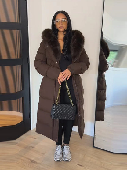 Women’s Long Puffer Winter Coat – Thick Warm Maxi Padded Jacket with Faux Fur Hood, Drawstring Waist & Zip-Up Button Closure