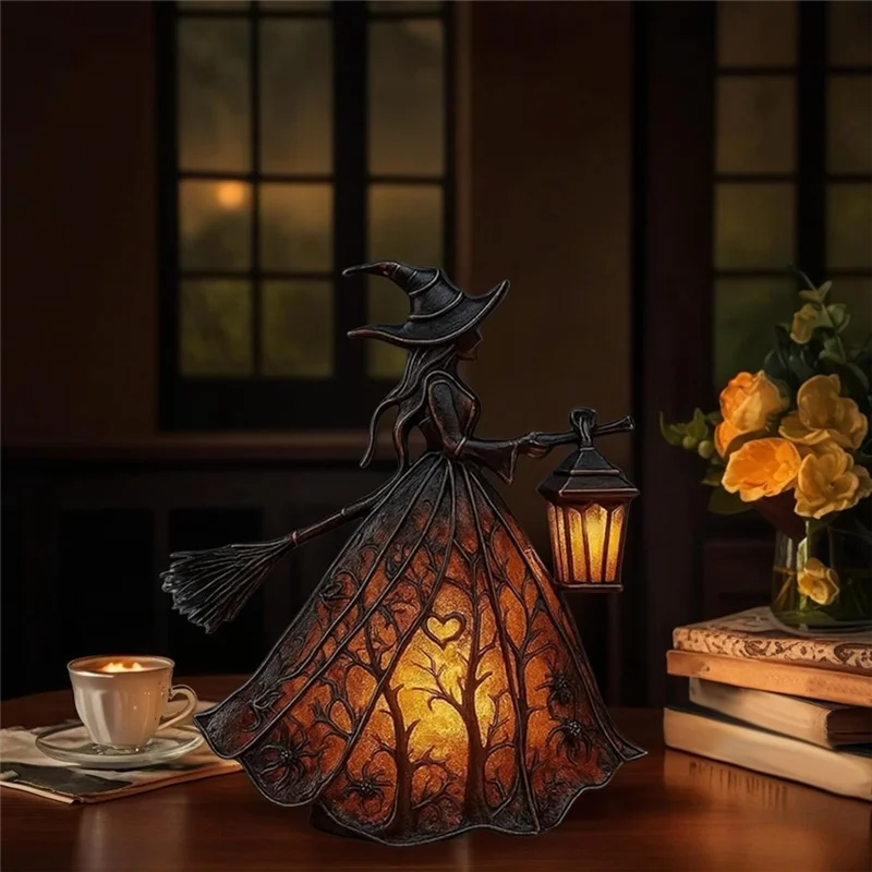 AT44 Halloween Witch Table Lamp – Gothic Spooky Light with Holding Lantern Design for Home, Porch & Halloween Party Decor