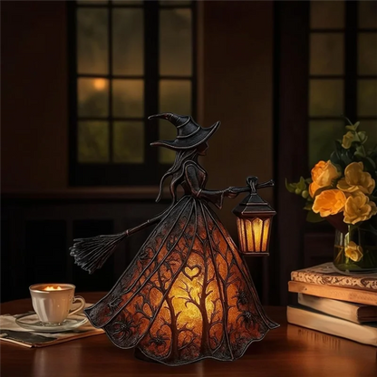 AT44 Halloween Witch Table Lamp – Gothic Spooky Light with Holding Lantern Design for Home, Porch & Halloween Party Decor