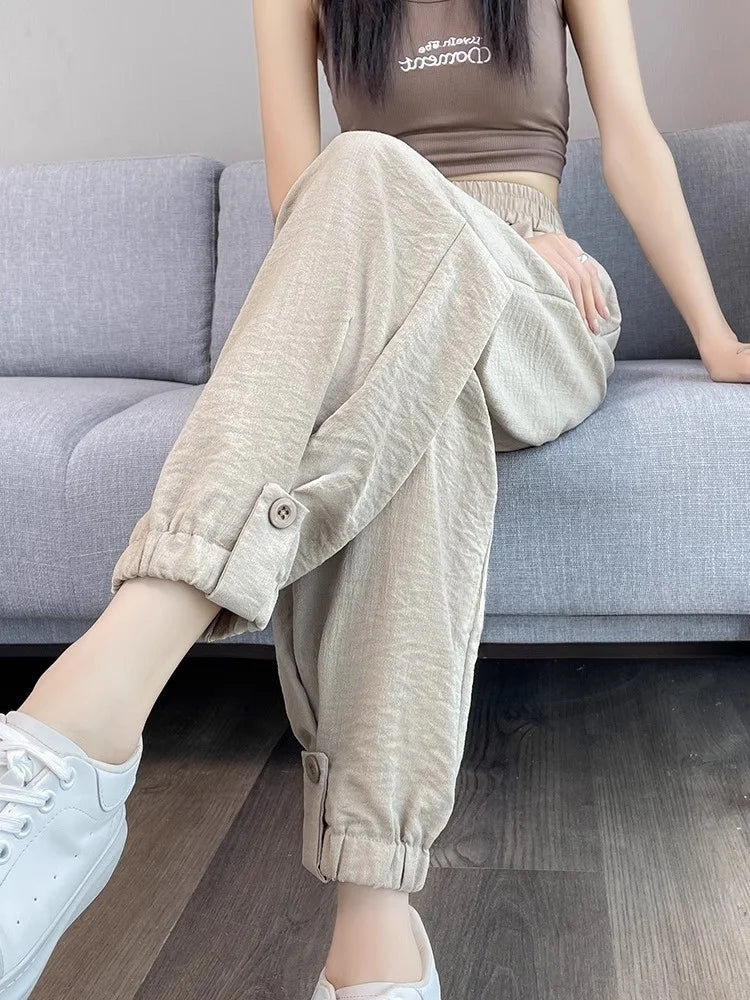 Women's Summer Cotton-Linen Harlan Pants – Lightweight Quick-Dry Loose High-Waist Workwear Trousers for Casual, Sports & Commuting