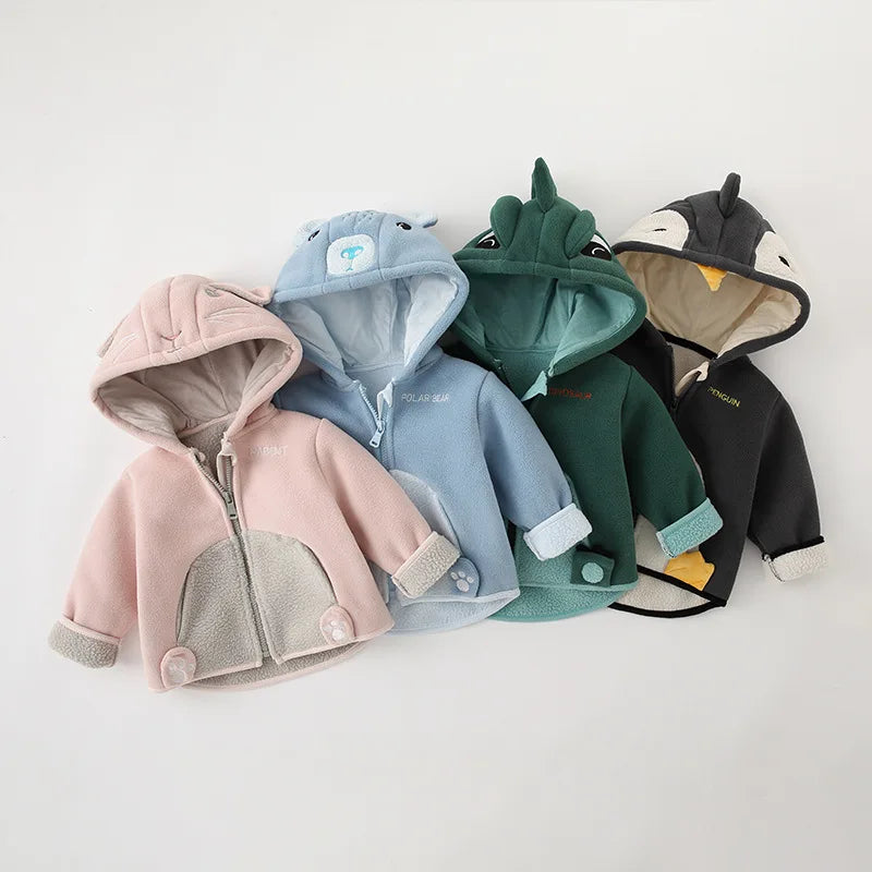 2025 Winter Baby Boys Fleece Hooded Jackets for Kids Cartoon Dinosuar Coats Autumn Girls Plus Velvet Zipper Outerwear Jacket