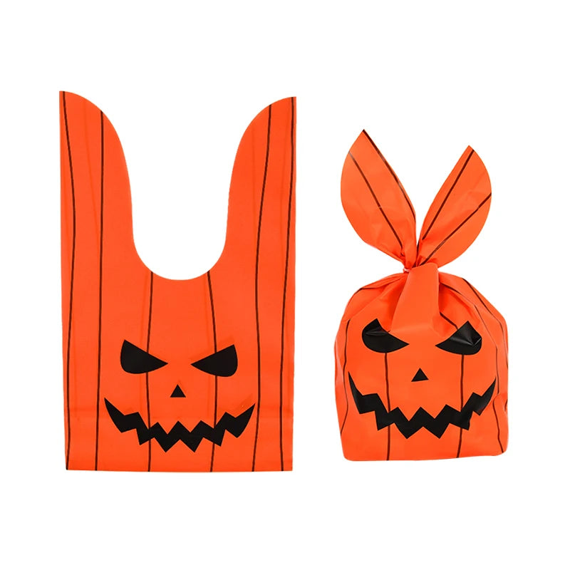 25/50PCS Halloween Candy Bags – Rabbit Ear Pumpkin Plastic Treat Bags for Candy, Cookies & Desserts, DIY Packaging for Kids’ Halloween Parties