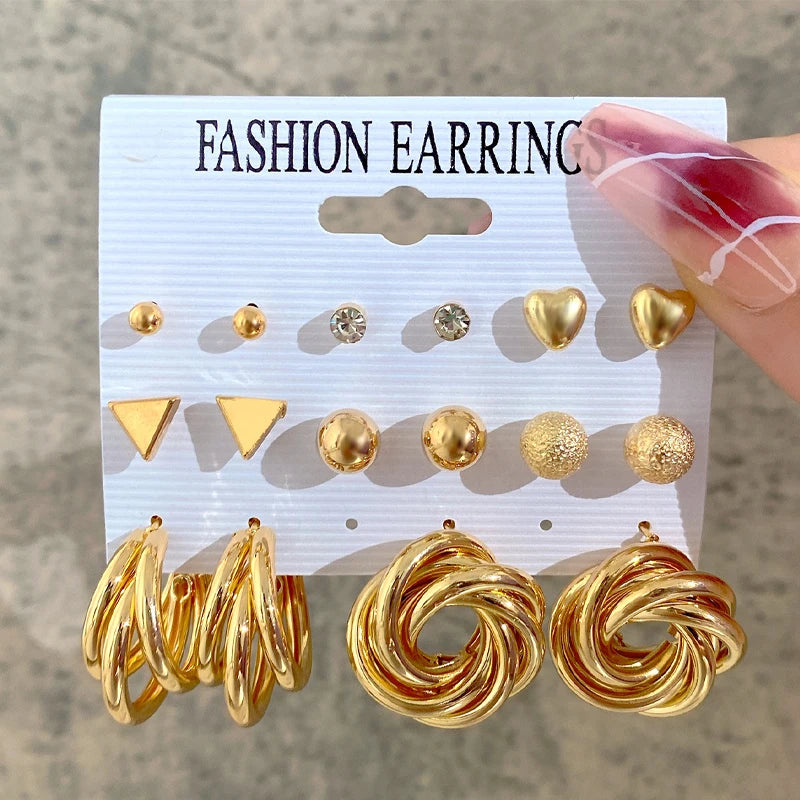 Boucles d'oreilles créoles dorées grand cercle pour femmes, ensemble bohème vintage, perle, cœur, zircon, clous, bijoux cadeau