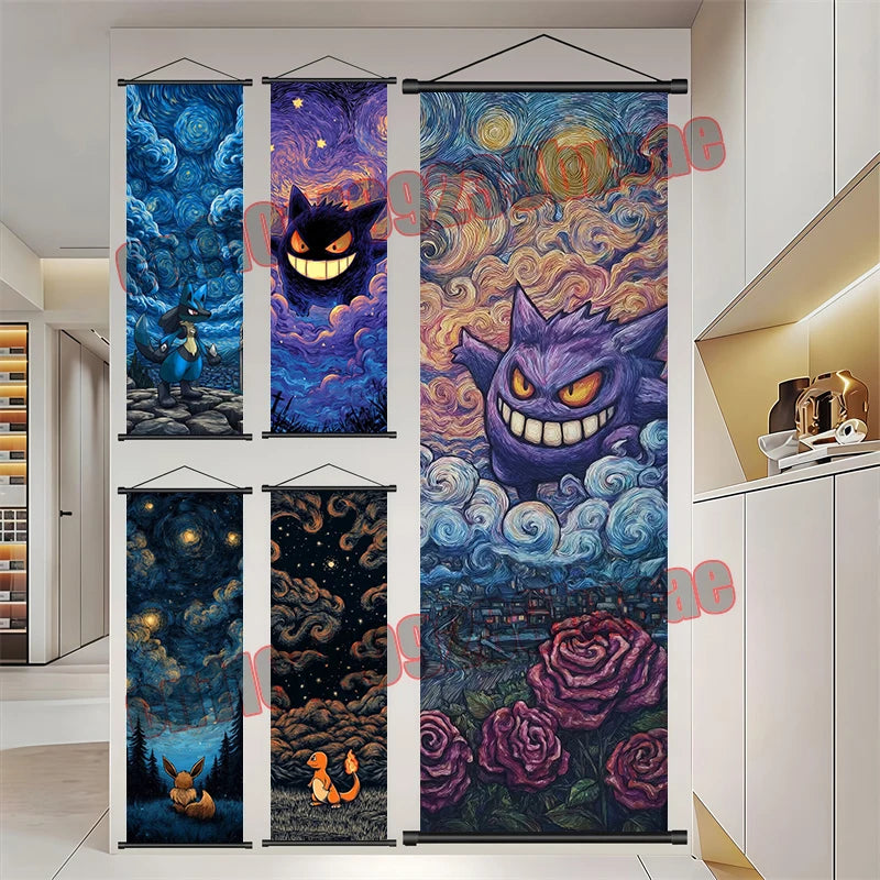 Pokémon Anime Wall Poster – Gengar Eevee Pikachu Scroll Painting Retro Canvas Artwork for Home Decor