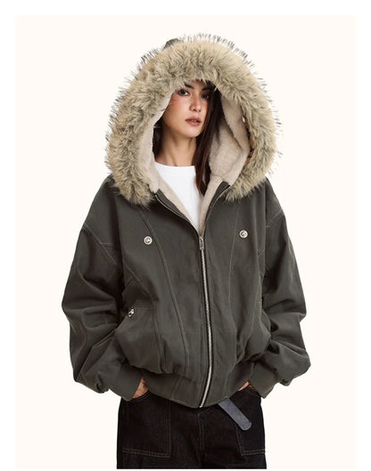 ZAROY Unisex Y2K Gothic Parka Jacket Faux Fur Collar Hooded Thick Padded Winter Coat Harajuku Streetwear Zipper Outerwear for Women and Men
