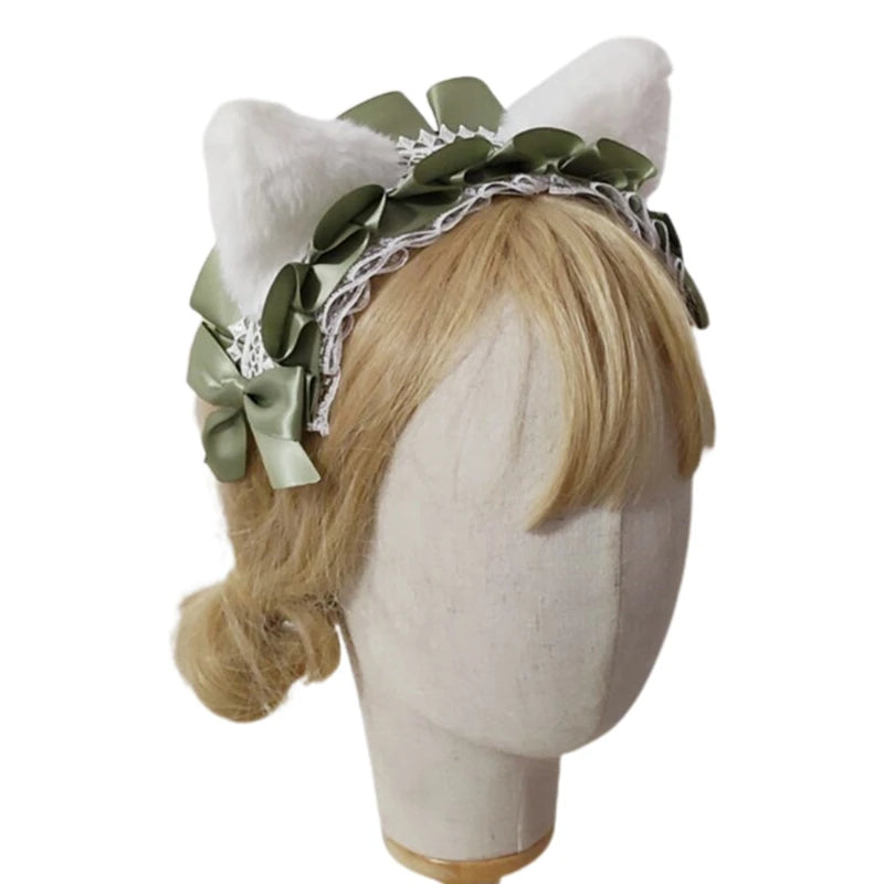 Cute Anime Lolita Cat Ear Headband, Plush Animal Ears with Ruffled Lace, Ribbon Bow and Bell, Kawaii Cosplay Hair Hoop for Masquerade, Costume Parties, and Daily Wear