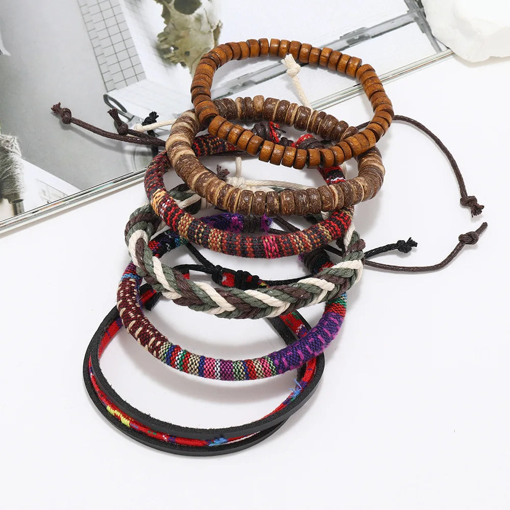 Bohemian Leather Bracelet for Men – Hand-Woven Wooden Bead Charm Bracelet | Vintage Fashion Jewelry Gift for Him