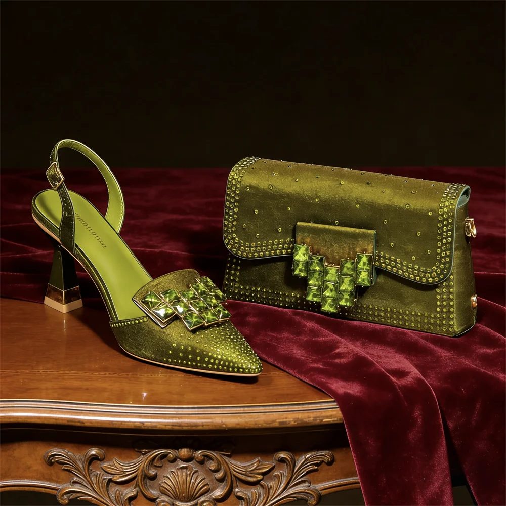 Women’s Olive Green Rhinestone Heels & Matching Bag Set – Italian-Inspired Pointed Toe High Heels for Parties, Weddings & Special Occasions
