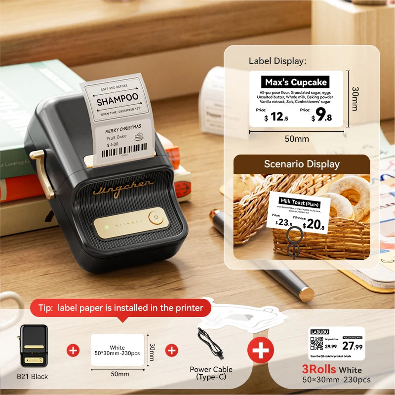 NiiMbot B21 Mini Thermal Label Printer – Wireless Bluetooth Barcode Label Maker with Portable Adhesive Printing for Office & Business