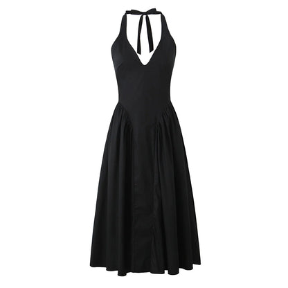 YENKYE Women’s Sexy Backless Green Halter Midi Dress Elegant Low Waist A-Line Cotton Summer Evening Party Robe
