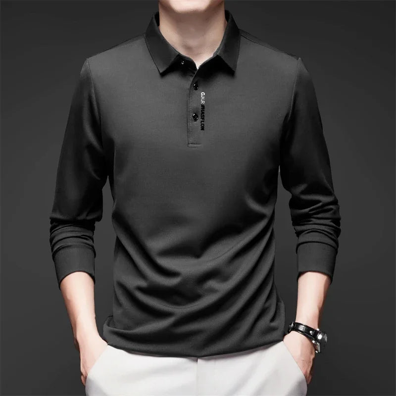 Polo à manches longues pour homme – Haut décontracté de couleur unie, respirant, confortable et tendance pour le quotidien