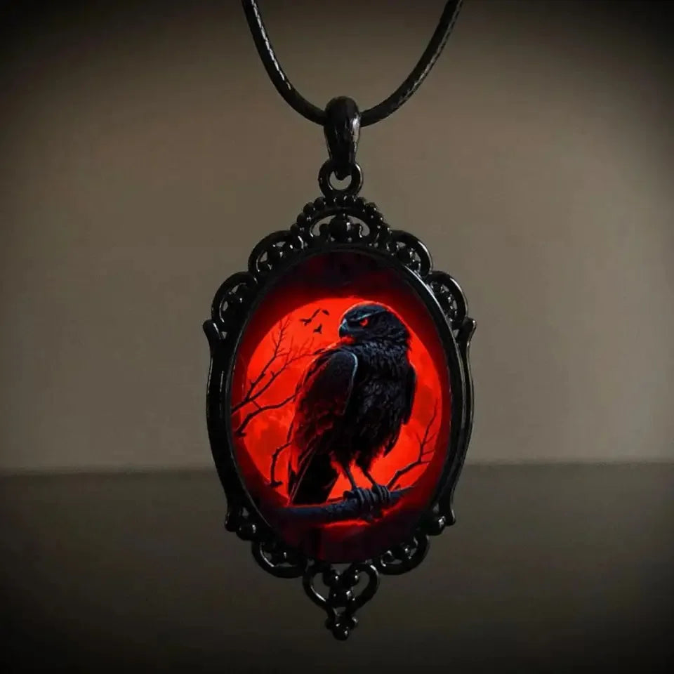 Gothic Vampire Owl Cameo Necklace – Blood Owl Glass Pendant with Rope Chain Choker for Women & Men, Witch Pagan Punk Jewelry Gift