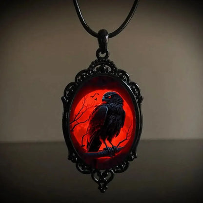 Gothic Vampire Owl Cameo Necklace – Blood Owl Glass Pendant with Rope Chain Choker for Women & Men, Witch Pagan Punk Jewelry Gift