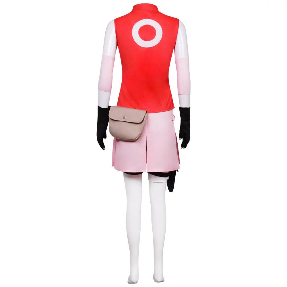 Anime Sakura Cosplay Costume – Ninja Battle Suit (Red Top, Pink Skirt, Bag Full Set for Halloween/Stage Party)