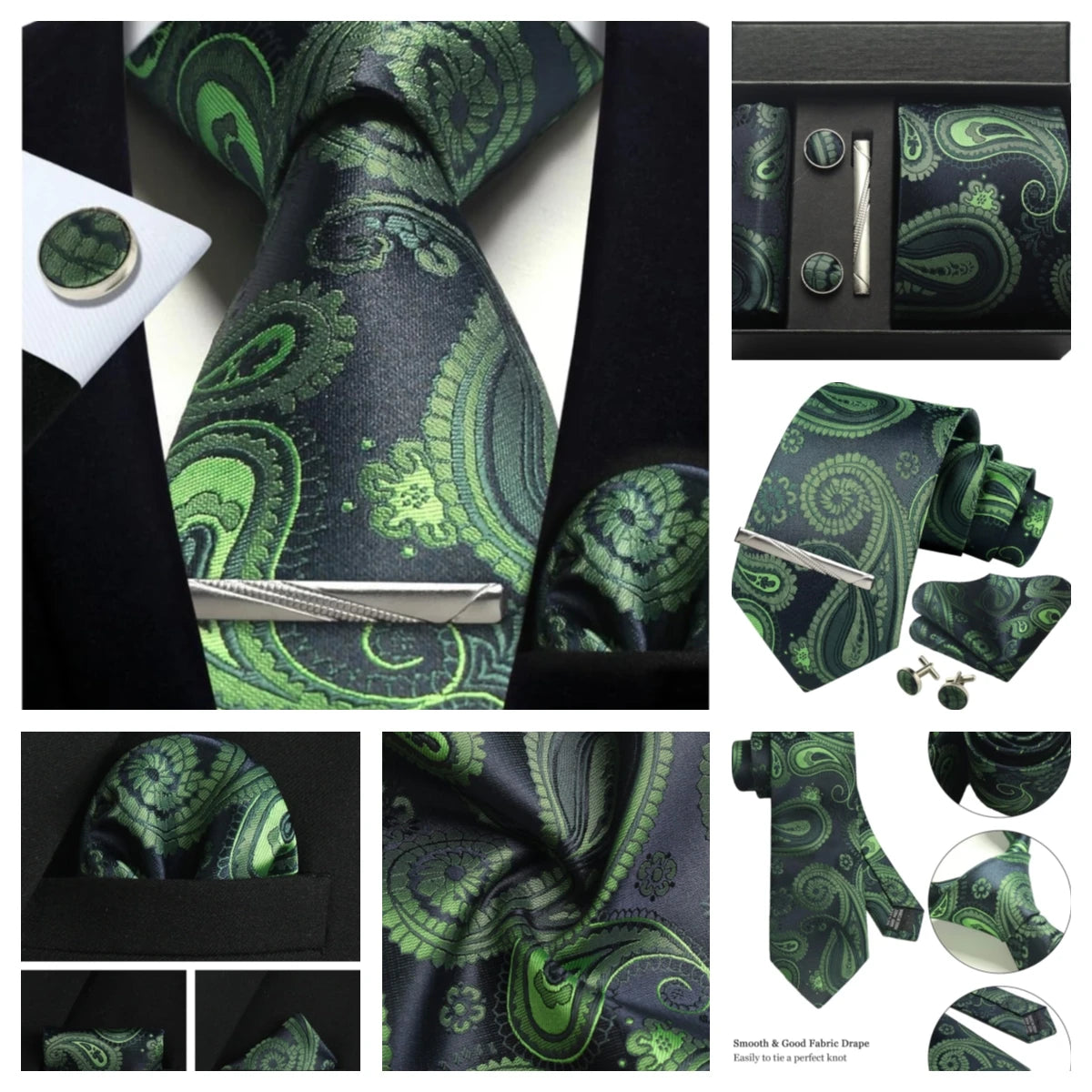 Corbata de seda 100% con diseño floral de Paisley para hombre con pañuelo de bolsillo, pasador de corbata y gemelos en caja de regalo