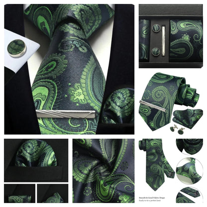 Corbata de seda 100% con diseño floral de Paisley para hombre con pañuelo de bolsillo, pasador de corbata y gemelos en caja de regalo