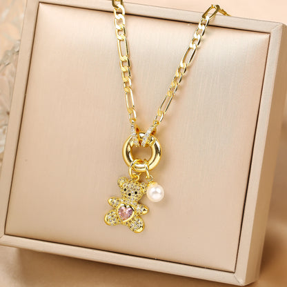 High Quality Shiny Crystal Zirconia Cute Bear Pendant Necklace Choker for Women Girls Holiday Collarbone Chain Gift