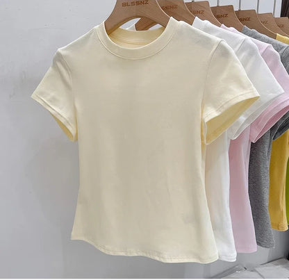 Zjaiss 2026 T-shirt col rond mode été sexy basique uni à manches courtes pour femme style coréen décontracté streetwear