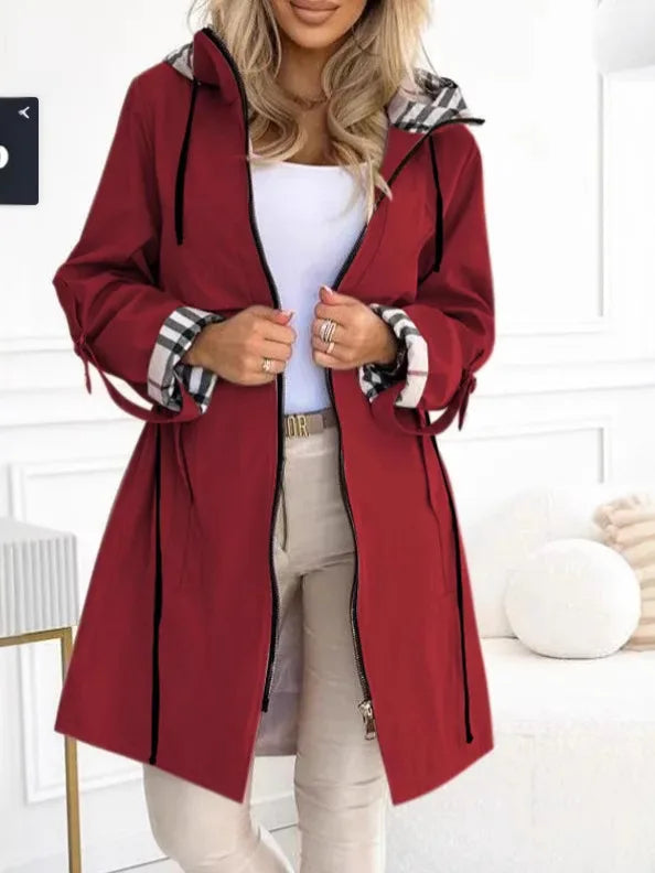 Women’s Hooded Plaid Trench Coat – Long-Sleeve Casual Cardigan Jacket, Solid Color Streetwear Outerwear for Autumn & Winter
