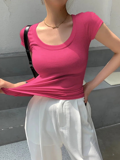2026 Summer Women’s 100% Cotton Slim T-Shirt Casual Basic O-Neck Solid Korean Style Tee 16 Colors