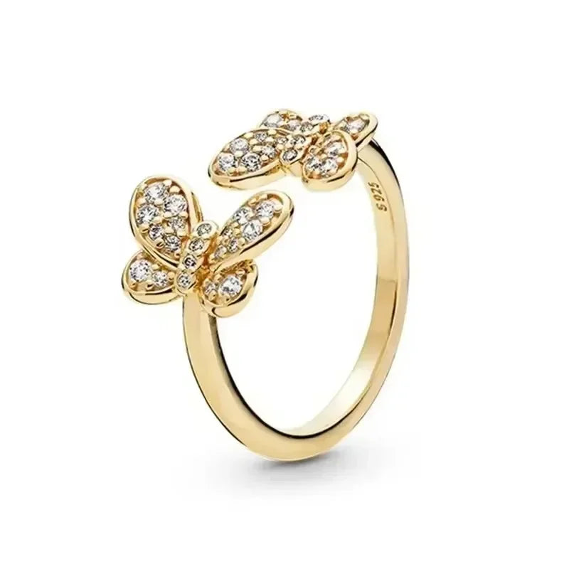 Anillo de moda ajustable con corona de corazón de plata de ley 925 chapado en oro con purpurina para mujer