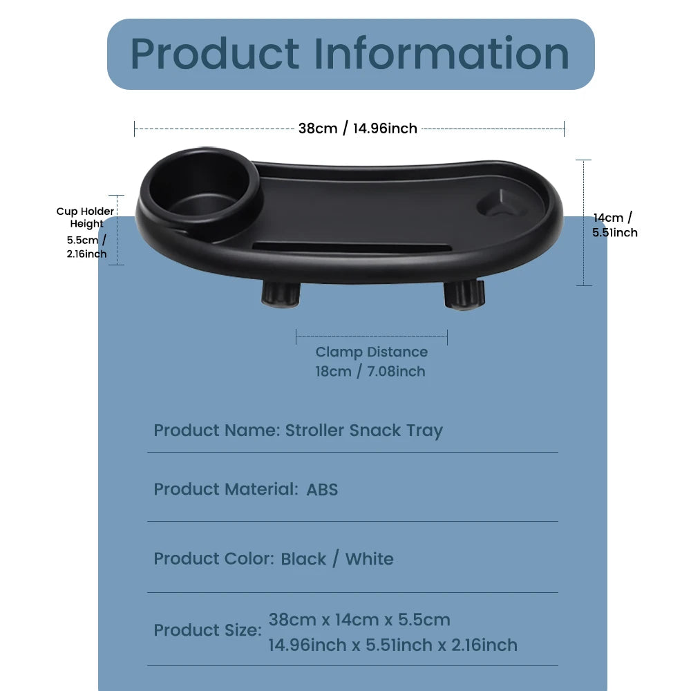 Bandeja Universal 3 en 1 para Cochecito – Organizador Ajustable con Portavasos y Soporte para Teléfono Compatible con la Mayoría de los Cochecitos de Bebé
