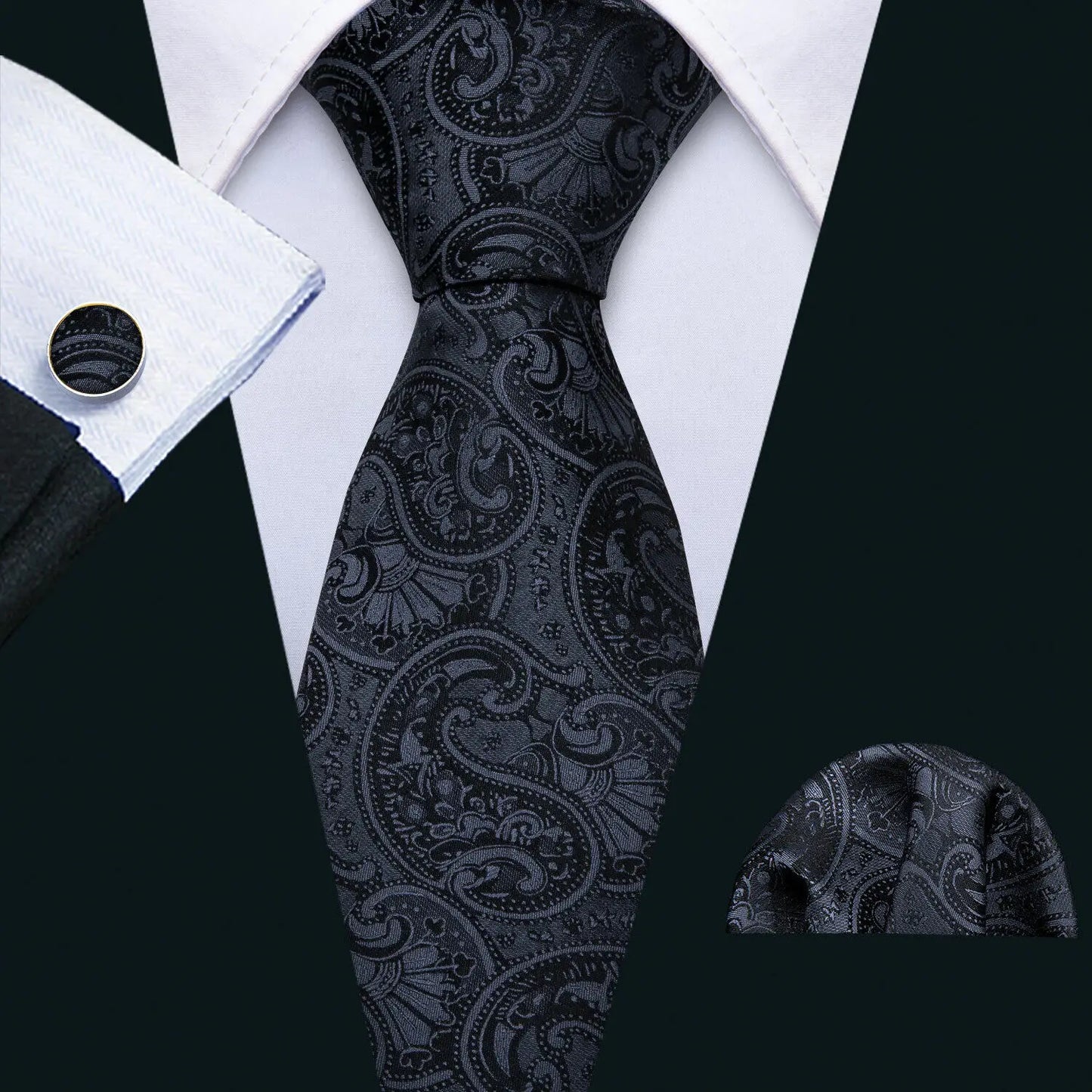 Set de corbata negra para hombre con pañuelo de bolsillo y gemelos. Corbata tejida para ocasiones formales de negocios o bodas.
