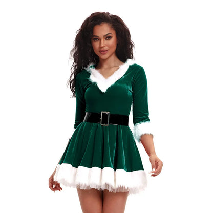 Women's Santa Claus Christmas Costume Dress with Half Sleeves and Waist Belt, Solid Color Xmas Cosplay Outfit, Ladies Holiday Fancy Dress for Christmas Parties, Festive Events and Role-Playing Celebrations