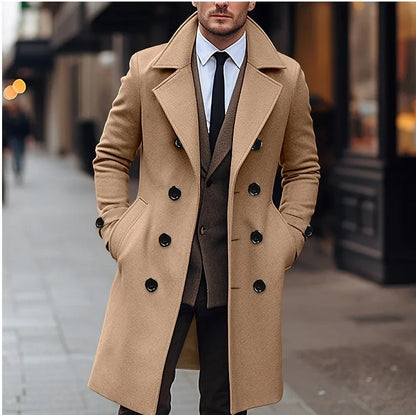 Men’s Long Wool-Blend Trench Coat – Double-Breasted Business Casual Overcoat, Classic English-Style Outerwear for Autumn & Winter