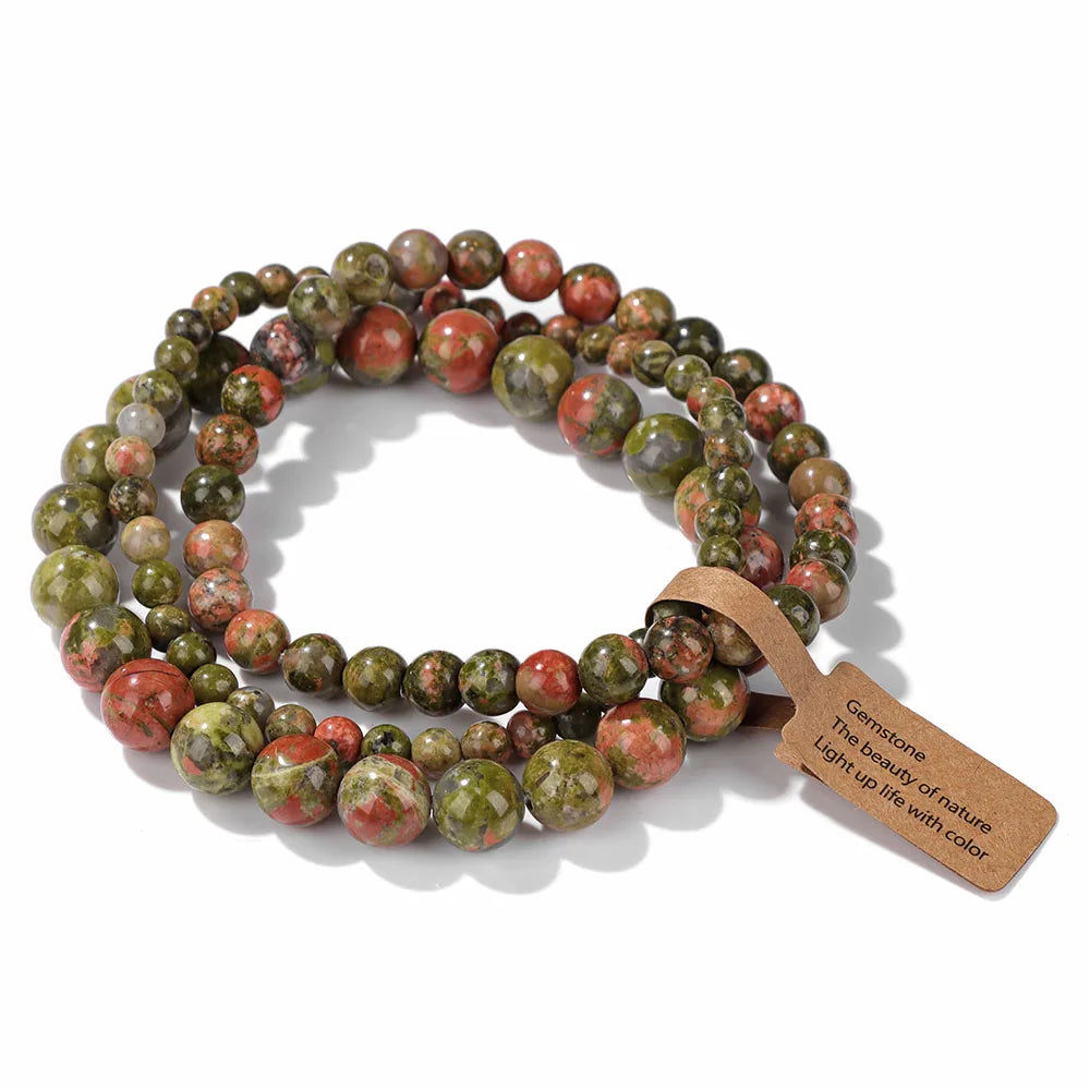 Set de 3 Pulseras de Cuentas de Piedra Natural – Agate Musgoso Indio, Rodonita y Cuarzo Cristal de 4mm/6mm/8mm para Hombres y Mujeres