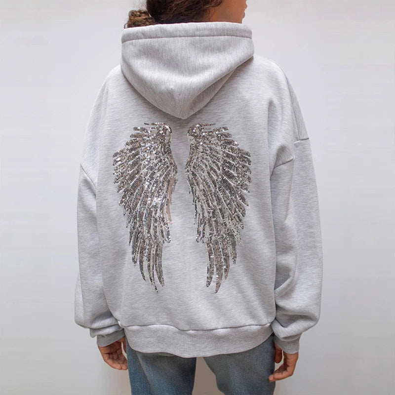 Women’s Y2K Wings Beaded Sequin Hoodie 2026 – Oversized Fleece-Lined Casual Pullover Sweatshirt, Fashion Streetwear Top