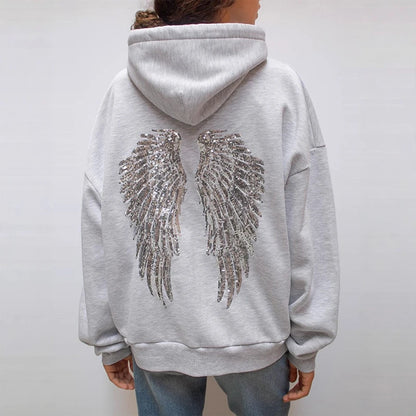 Women’s Y2K Wings Beaded Sequin Hoodie 2026 – Oversized Fleece-Lined Casual Pullover Sweatshirt, Fashion Streetwear Top