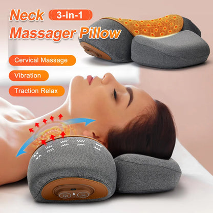 Almohada masajeadora para cuello – Almohada con calefacción y vibración para soporte cervical, cojín de masaje relajante para confort del cuello, apoyo para dormir y dispositivo de terapia en casa para aliviar el estrés