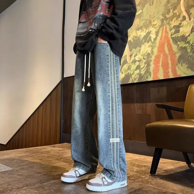Vaqueros rectos retro para hombre – Pantalones de mezclilla casuales estilo americano de ajuste holgado, con cintura elástica y a la moda urbana