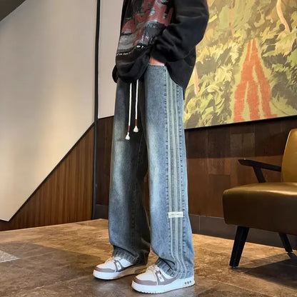 Vaqueros rectos retro para hombre – Pantalones de mezclilla casuales estilo americano de ajuste holgado, con cintura elástica y a la moda urbana