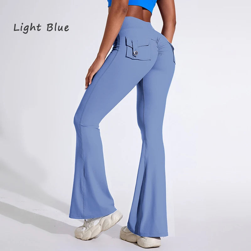 DIAS FIT JOY Pantalon de yoga évasé taille haute pour femme – Legging patte d'éléphant push-up avec poches, pantalon d'entraînement à séchage rapide pour la course, la gym, le fitness et l'exercice