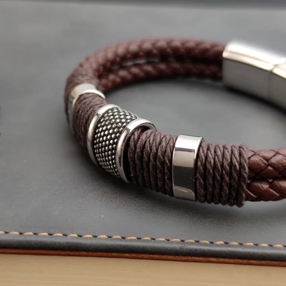 Luxury Vintage Leather Bracelet for Men – Multi-Layer Brown Leather & Stainless Steel Bead Wrist Bangle | Fashion Jewelry Gift