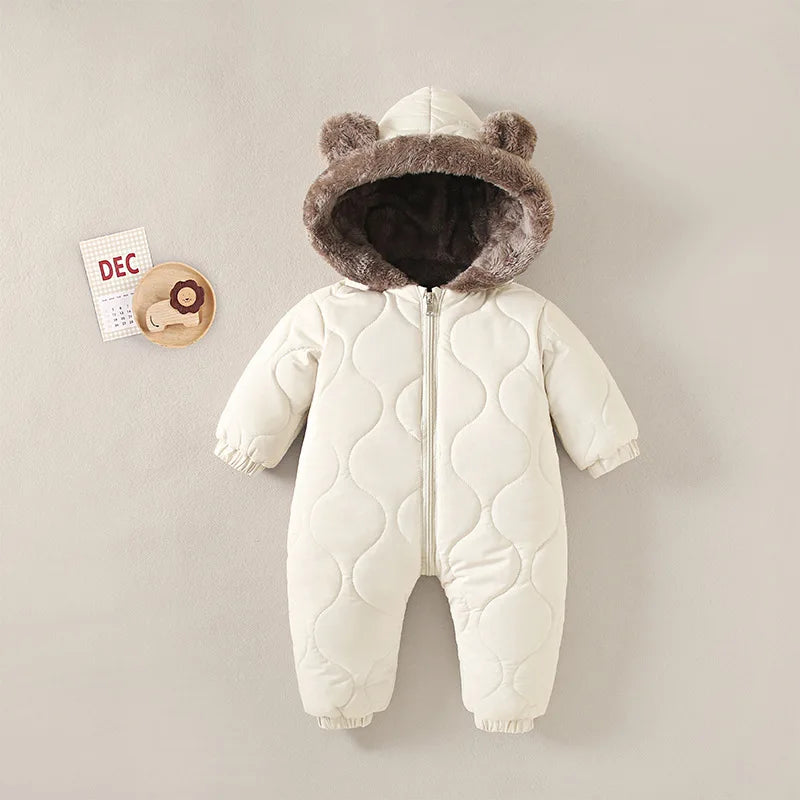 0-3 Years Baby Hooded Fleece Onesie – Warm Cotton Autumn & Winter Romper, Solid-Color Newborn Crawling Suit for Infants & Toddlers