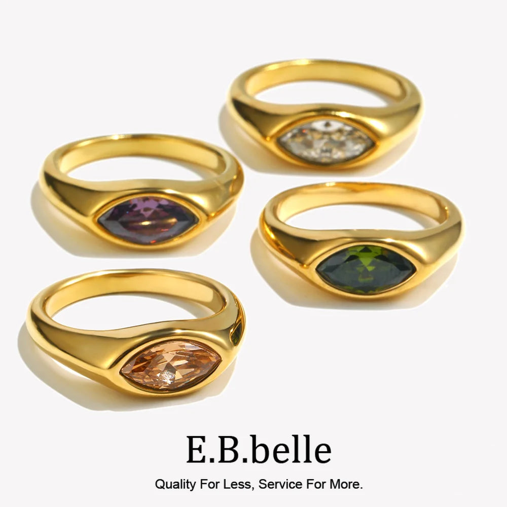 18K Gold Plated Horse Eye Zircon Signet Ring – Hypoallergenic 316L Stainless Steel Colorful Statement Ring for Women
