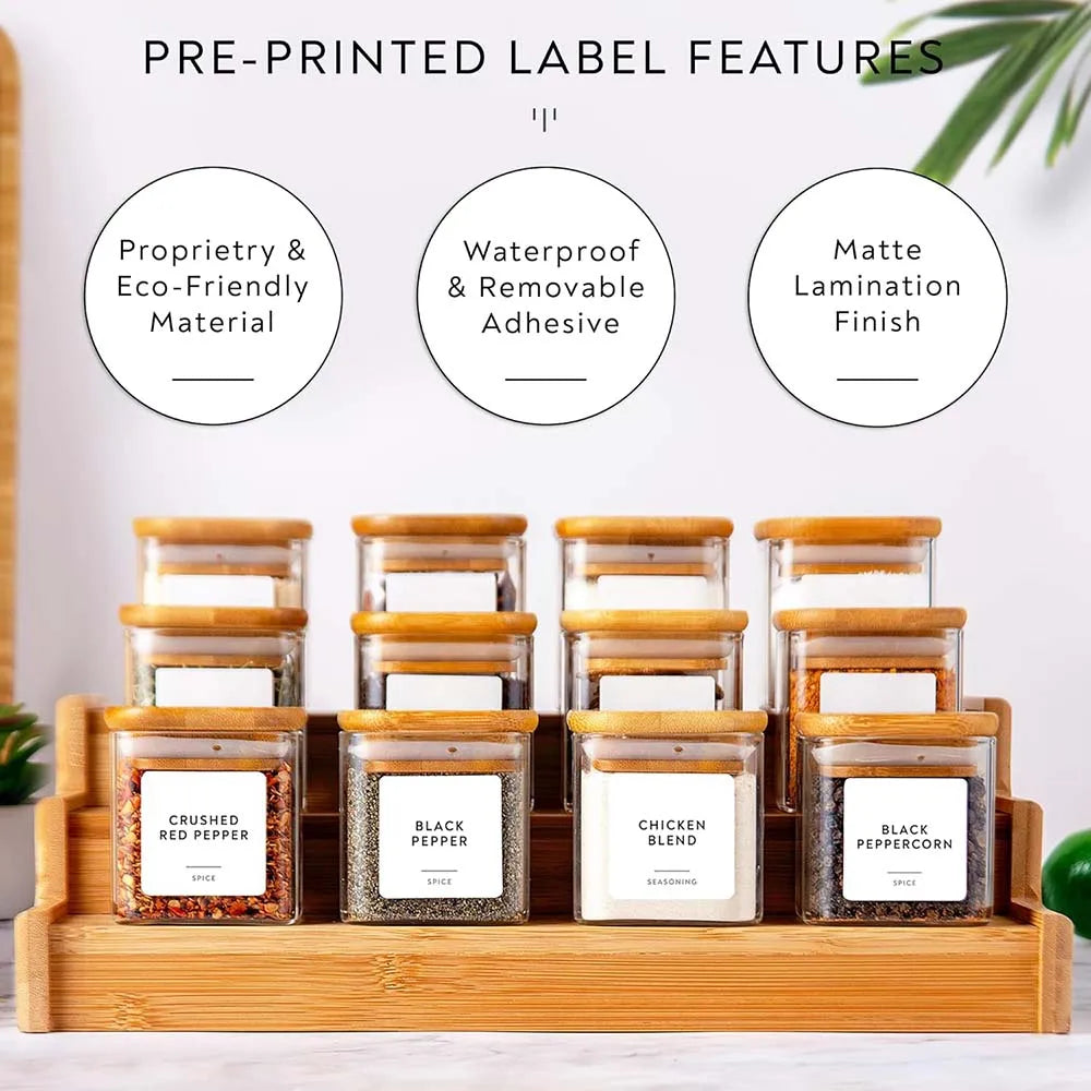 Lot de 14 bocaux à épices en verre de 150 ml avec étiquettes – Récipients de rangement carrés en verre avec couvercles en bambou, étiquettes autocollantes, bocaux de conservation pour épices, herbes, assaisonnements et organisation de la cuisine
