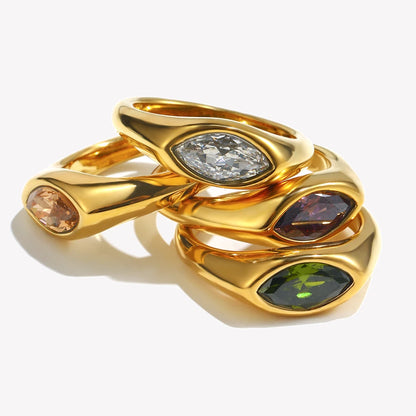 18K Gold Plated Horse Eye Zircon Signet Ring – Hypoallergenic 316L Stainless Steel Colorful Statement Ring for Women