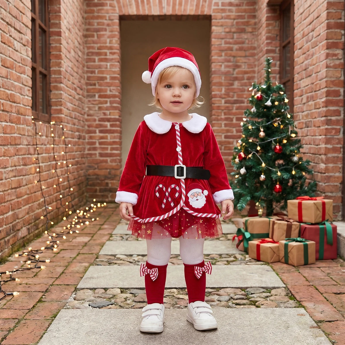 Baby Girls Christmas Santa Claus Costume Set, Princess Velvet Romper Dress with Embroidered Details, Belt, Santa Hat and Stockings, Festive Xmas Holiday Outfit for Christmas Parties and Photoshoots