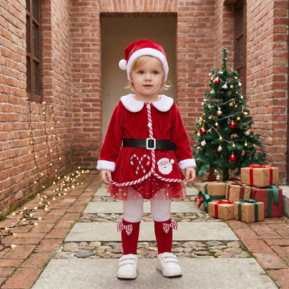 Baby Girls Christmas Santa Claus Costume Set, Princess Velvet Romper Dress with Embroidered Details, Belt, Santa Hat and Stockings, Festive Xmas Holiday Outfit for Christmas Parties and Photoshoots
