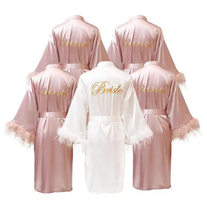 Women’s Feather Satin Robe – Bride Bridesmaid Wedding Kimono Bathrobe V-Neck Nightgown Lingerie