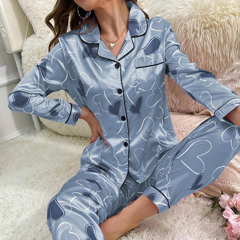 Women's Satin Pajama Set – 2-Piece Long Sleeve Button-Up Top & Pants, Soft Autumn Sleepwear & Loungewear