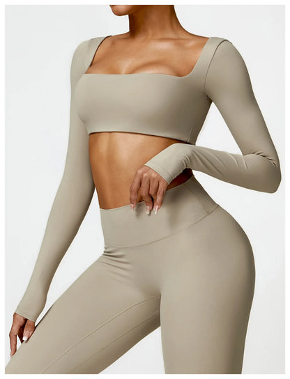 Women’s Square Neck Sports Crop Top – Long Sleeve Quick-Dry Gym Yoga Fitness Activewear