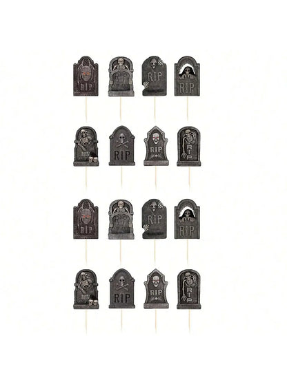 Multi-Piece Halloween Cupcake Toppers – Tombstone & Graveyard Cake Decorations with Novelty Mini Shovel Spoons for Halloween Parties