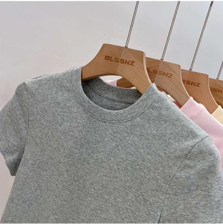 Zjaiss 2026 T-shirt col rond mode été sexy basique uni à manches courtes pour femme style coréen décontracté streetwear